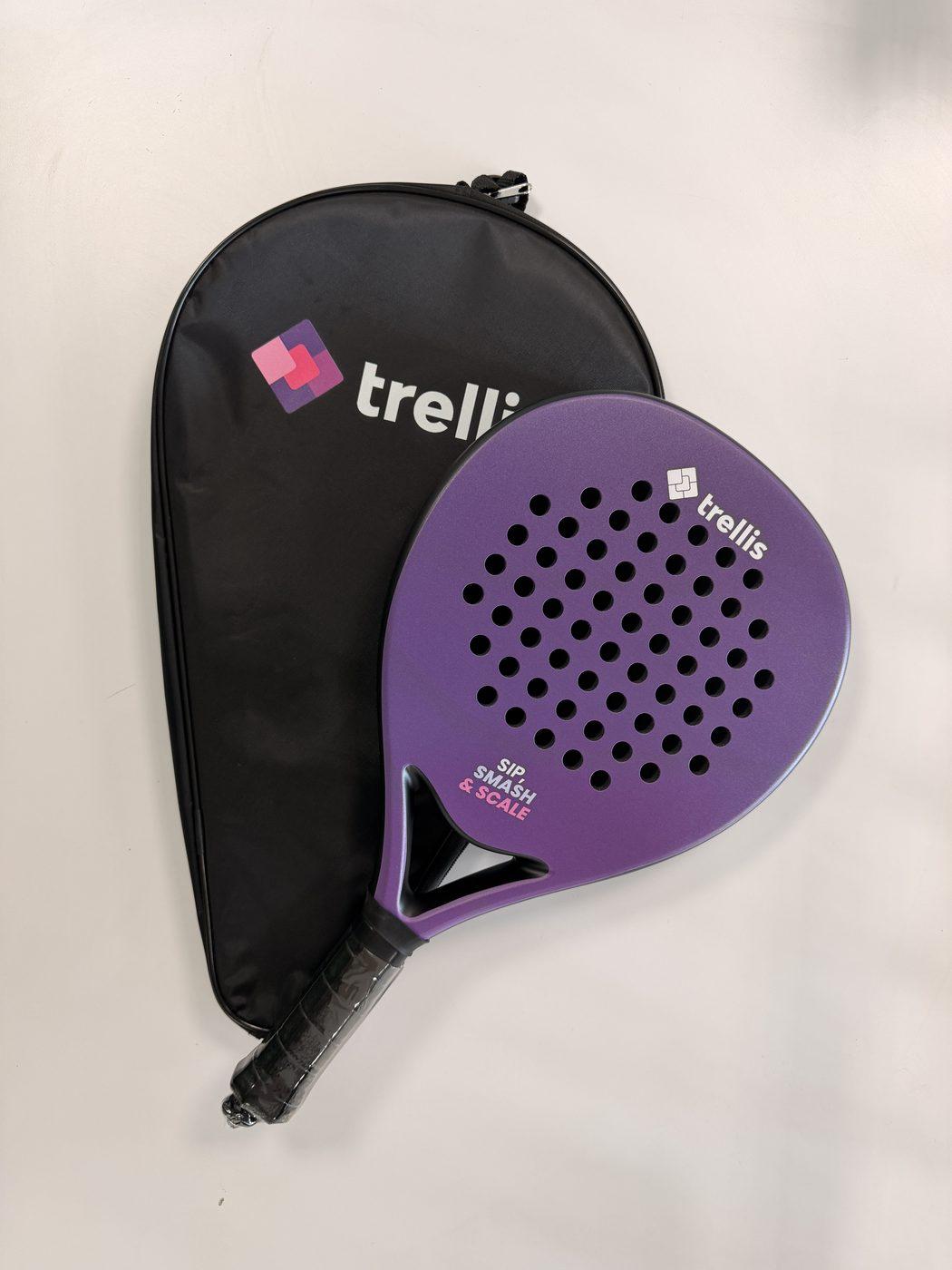 Custom purple 'trellis' padel racket with a matching branded carry cover