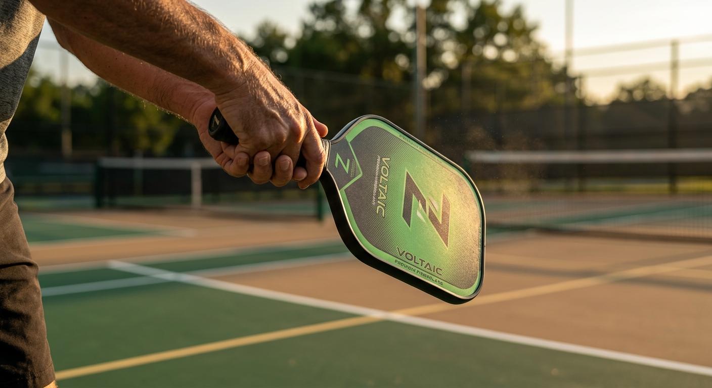 Player mid-swing holding a custom-printed fiberglass pickleball paddle on an outdoor court