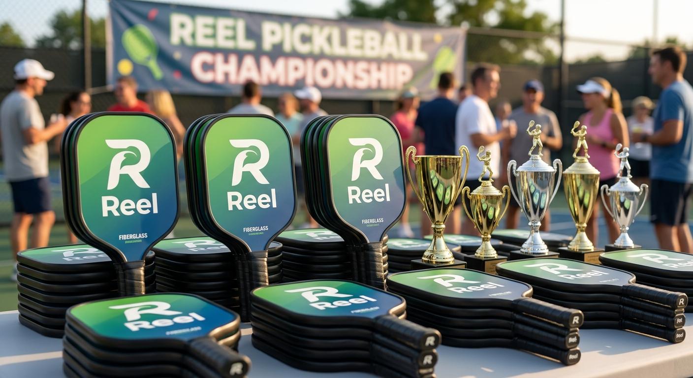 Pickleball tournament prize table stacked with custom-branded paddles and trophies