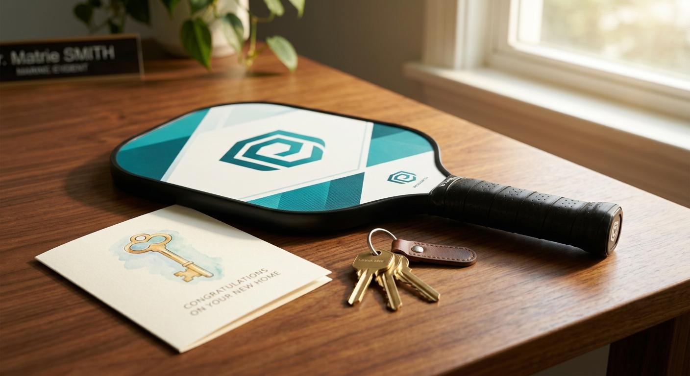 Branded pickleball paddle on a desk beside house keys and a congratulations card, real estate closing gift