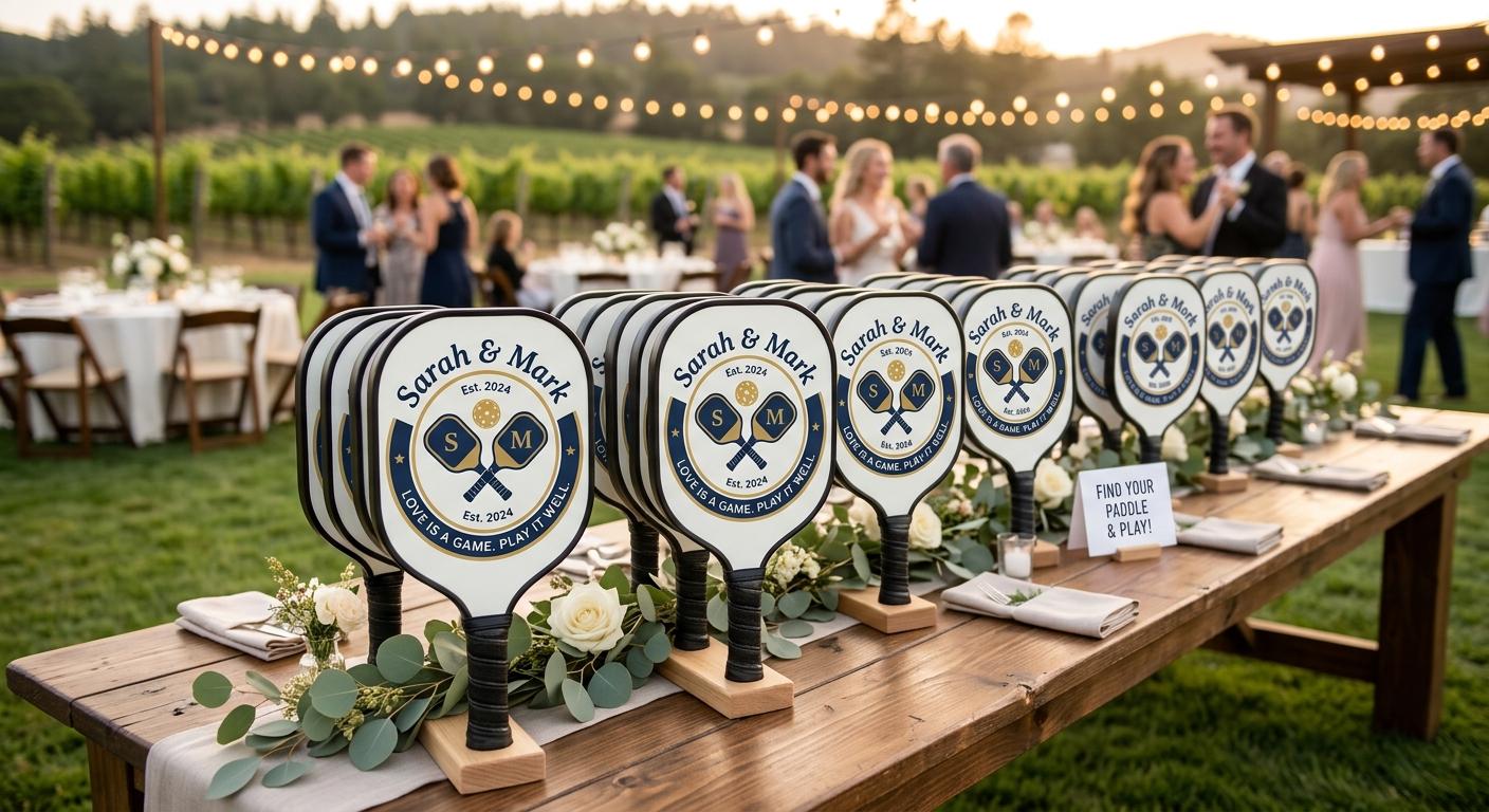 Row of branded pickleball paddles arranged as wedding favors on a wooden table with string lights