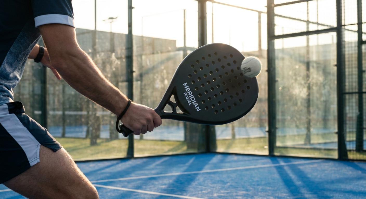 Player holding a custom front-printed padel racket on an enclosed glass-walled padel court