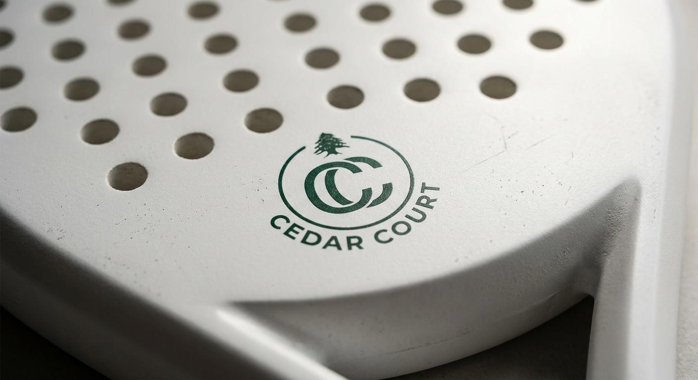 Macro close-up of the perforated front face and custom brand print on a custom padel racket