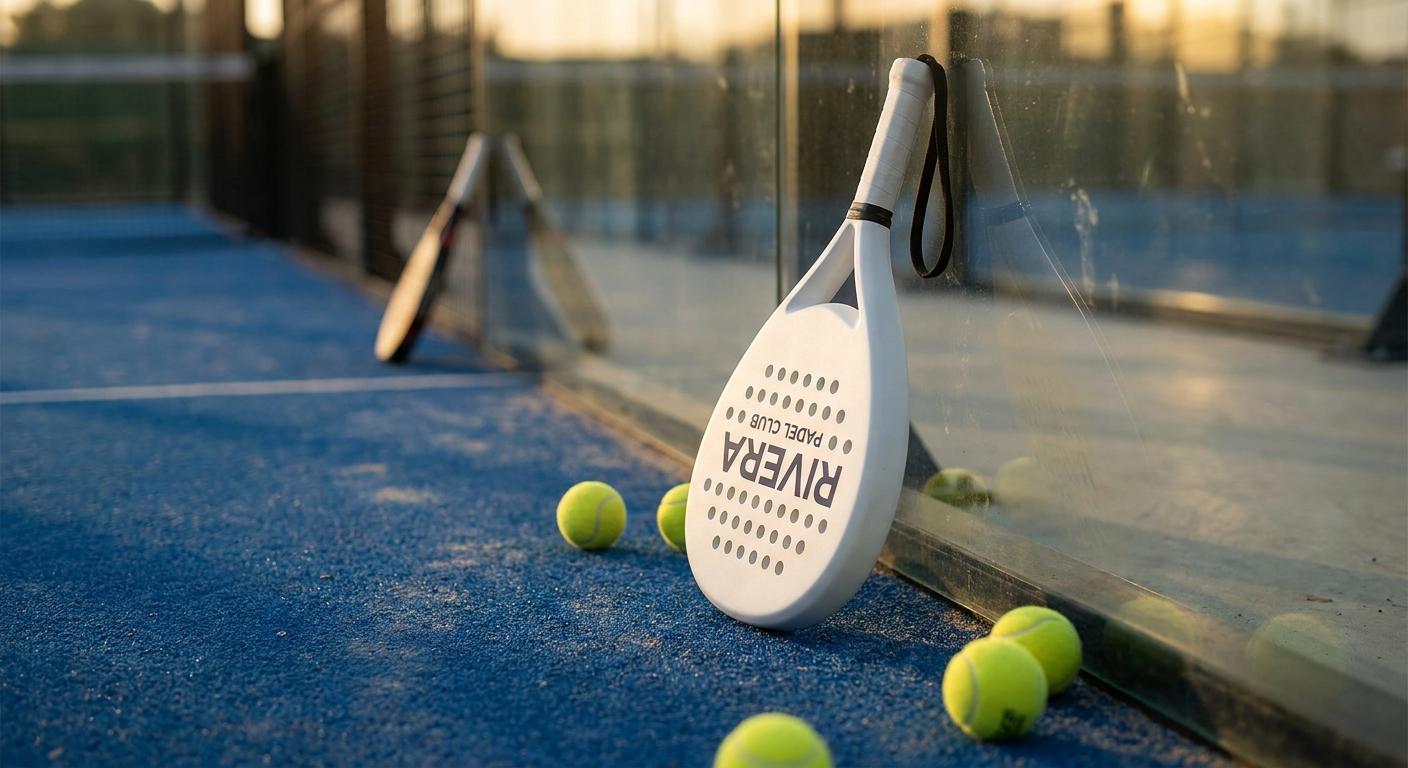 Row of matching custom padel rackets in black and white frames lying flat at a modern padel club