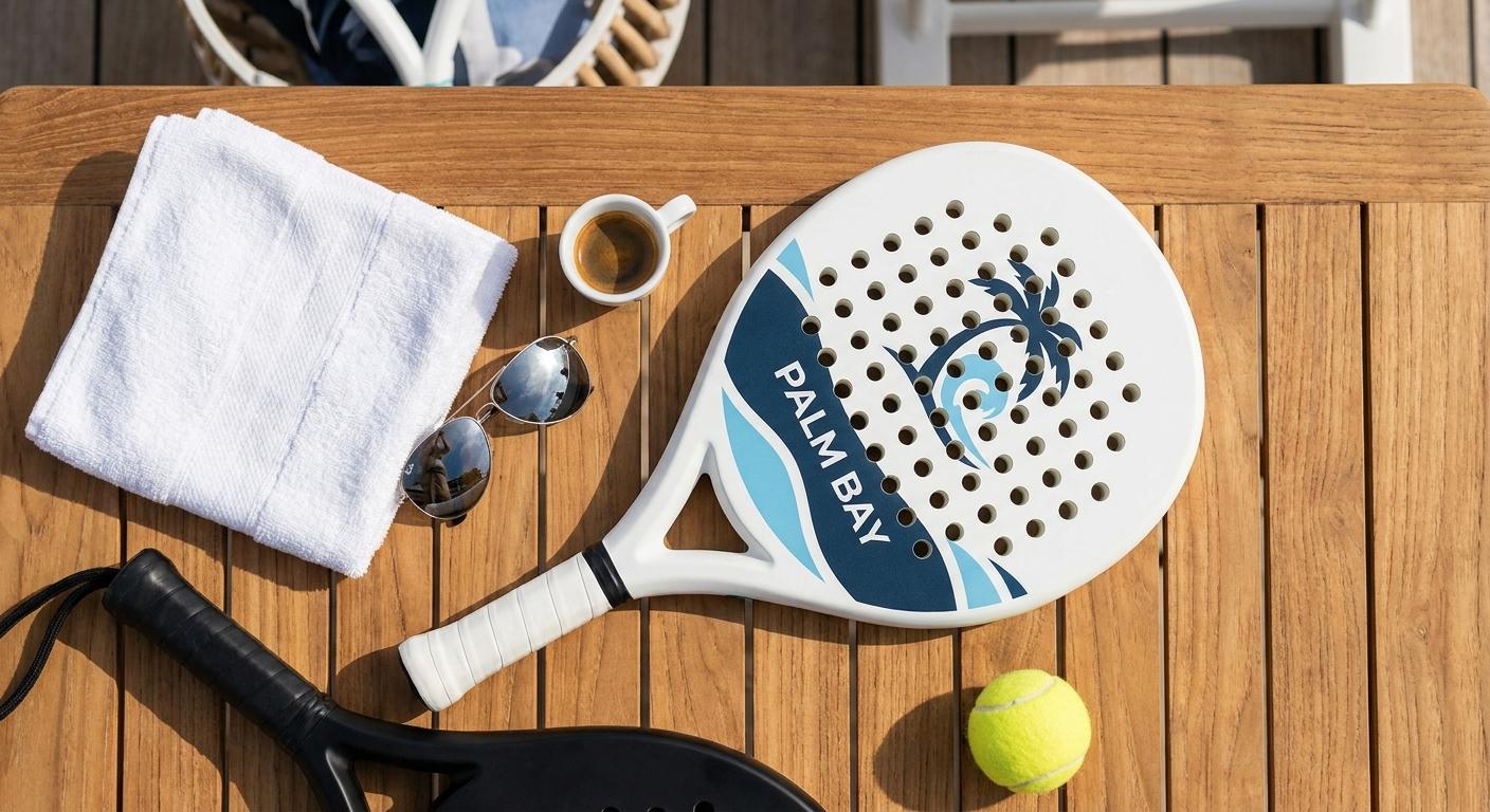 Custom padel rackets in black and white frames lying flat as a resort court amenity