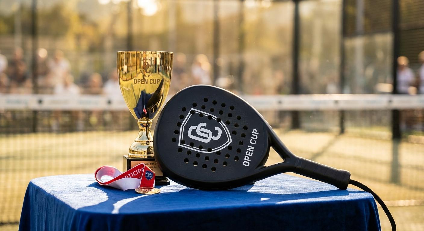 Padel tournament prize table with black and white custom rackets lying flat beside trophies