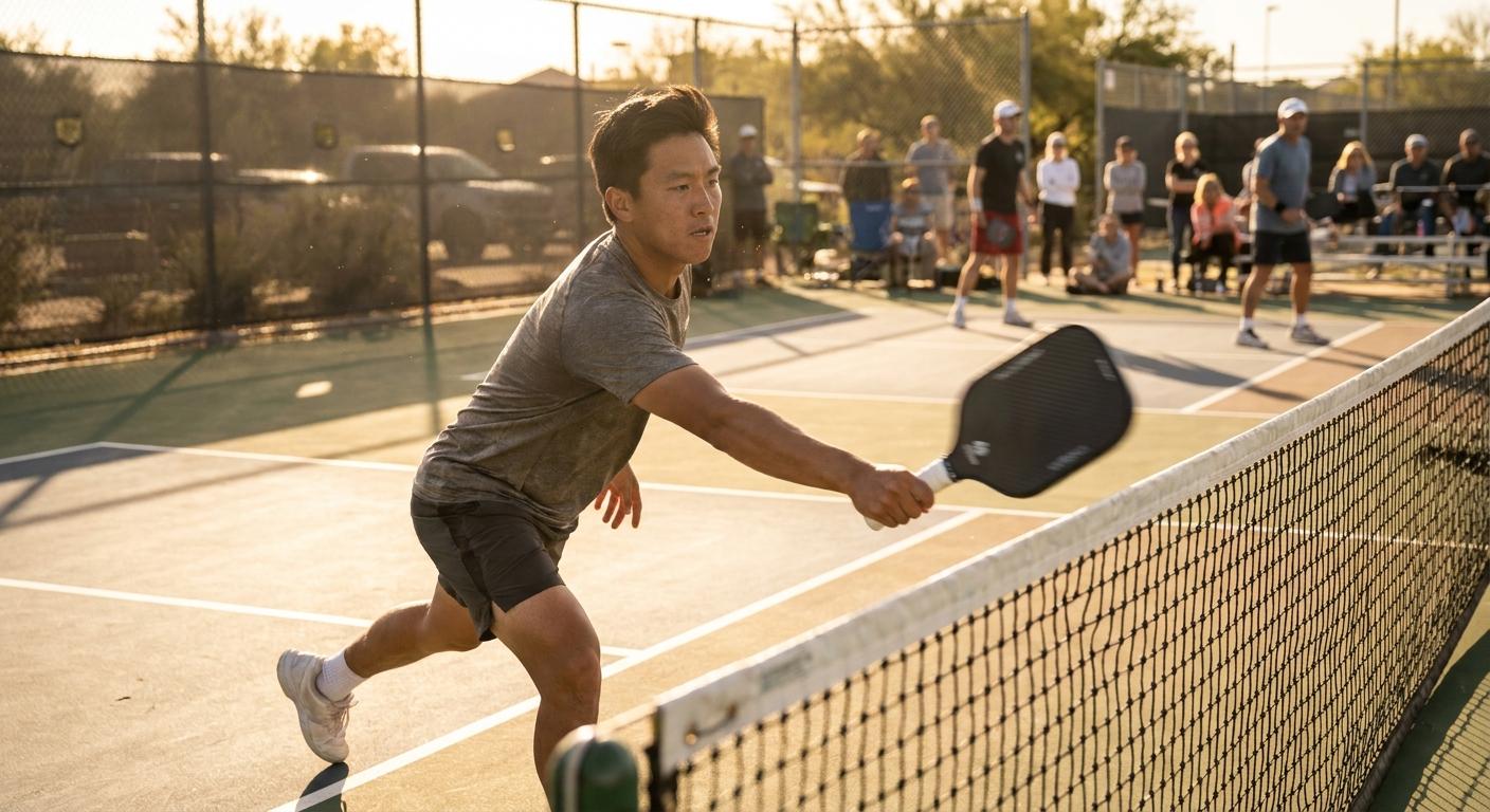 Player mid-swing holding a custom-printed raw carbon fiber pickleball paddle on a court
