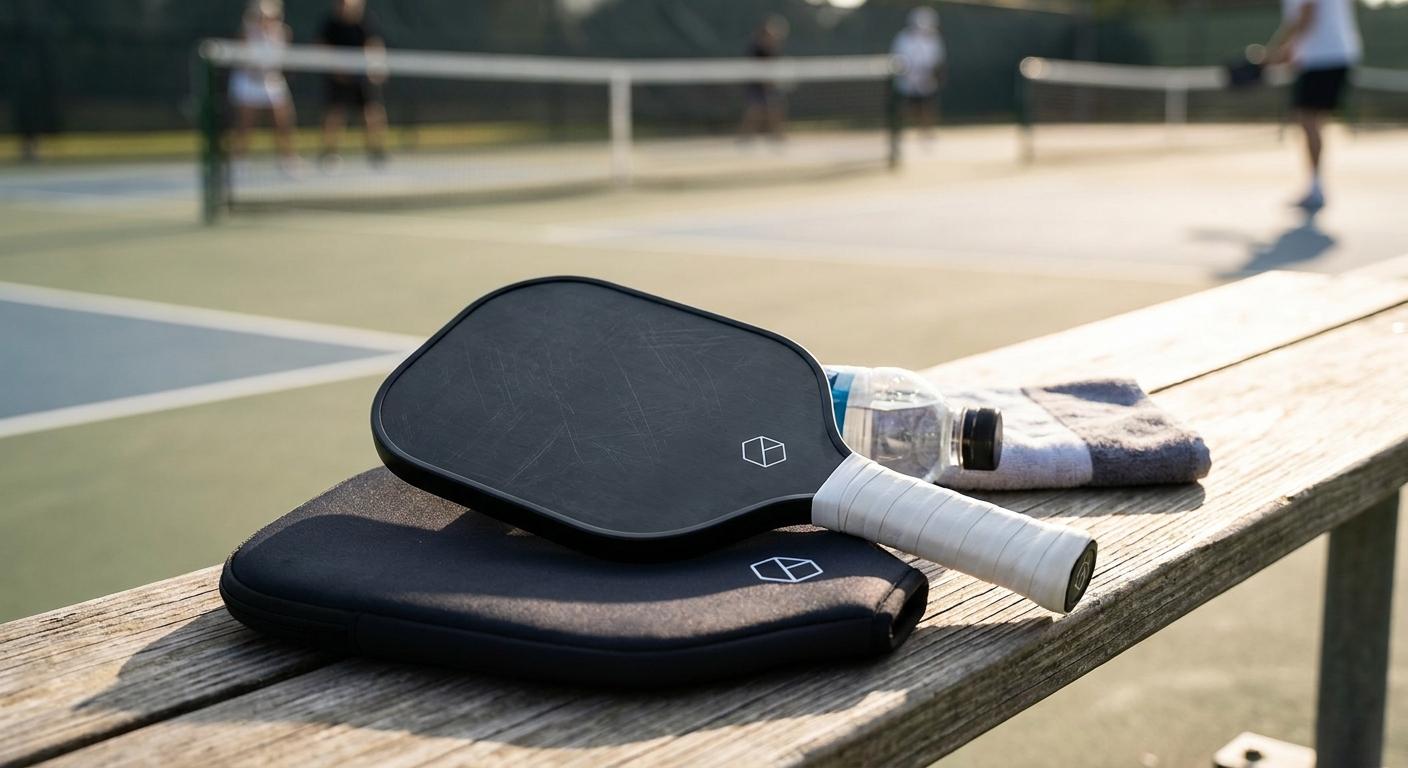 Hands unzipping a branded cover to reveal a matching carbon fiber pickleball paddle inside
