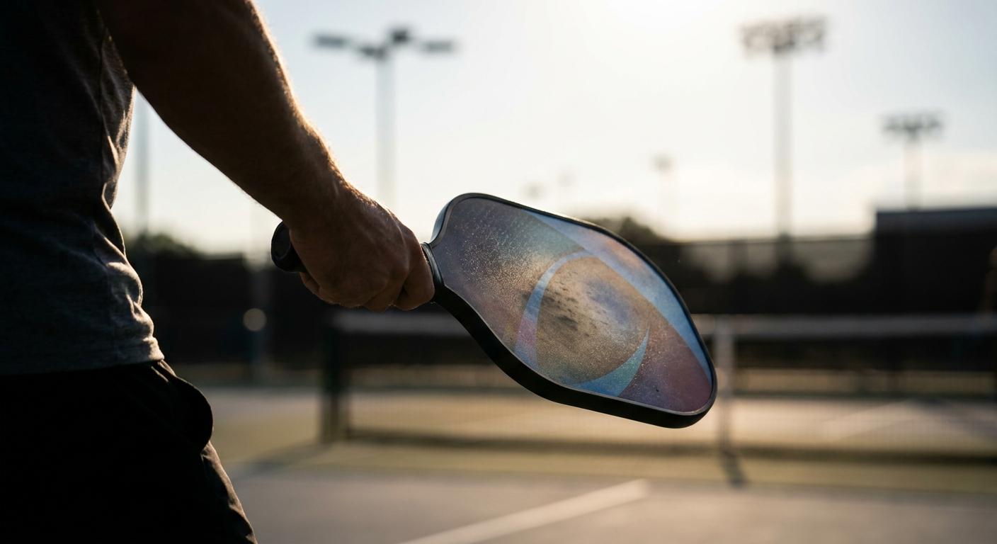 Player holds a custom fiberglass pickleball paddle aloft at a tournament award moment
