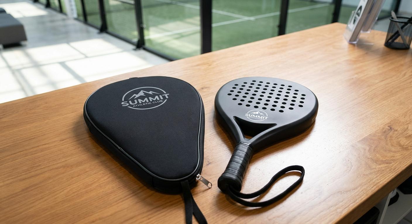 Padel club welcome kit: custom padel racket face-up beside its matching plain carry bag