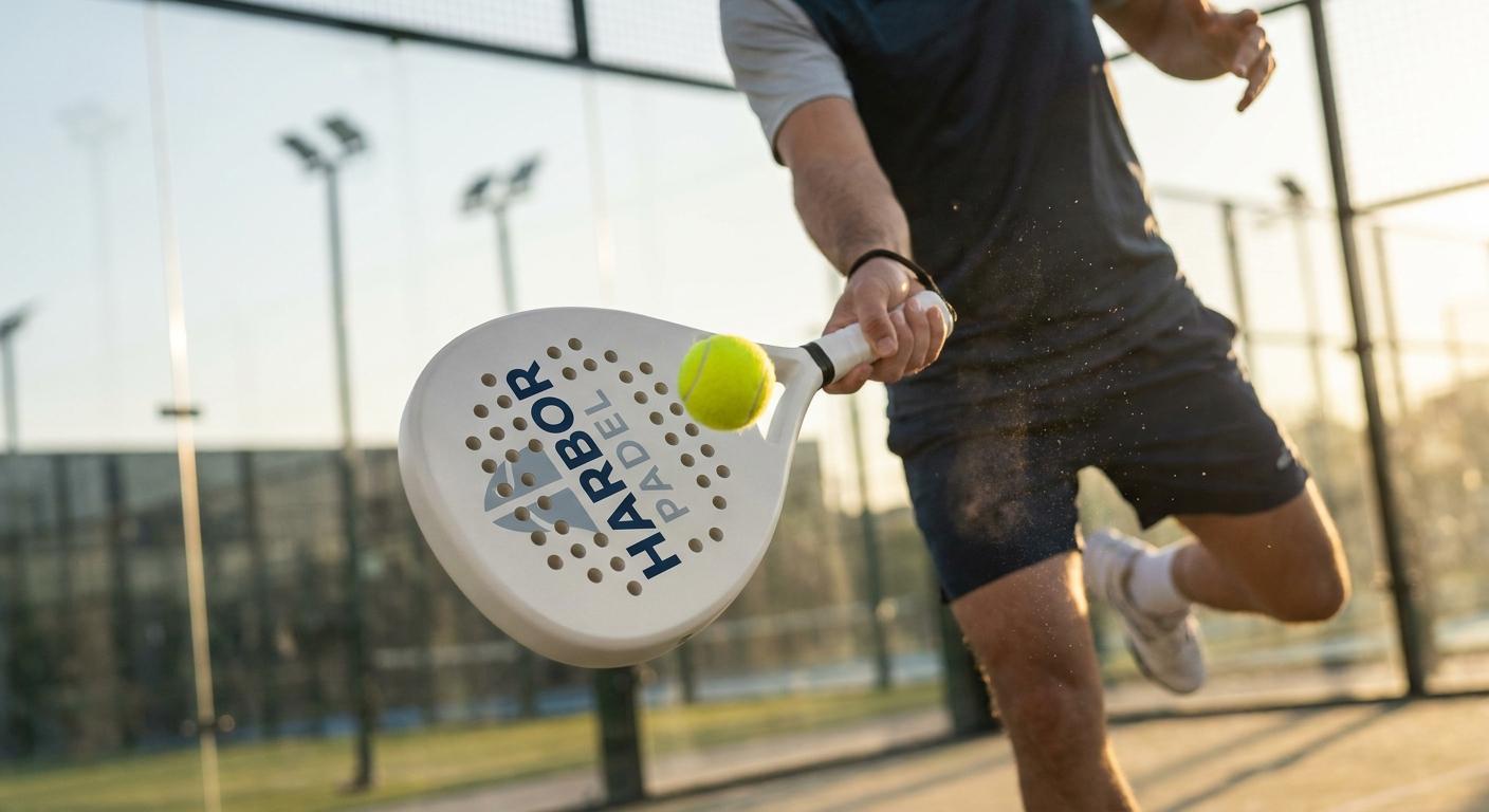Custom padel racket resting face-up on its matching plain carry bag, gift-ready