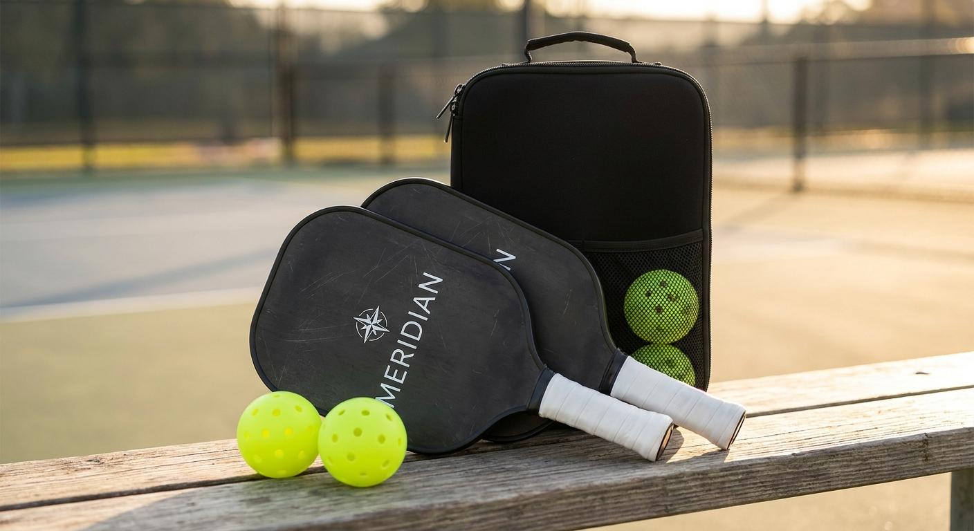 Complete custom carbon fiber pickleball set: two paddles, three balls, and a matching branded bag