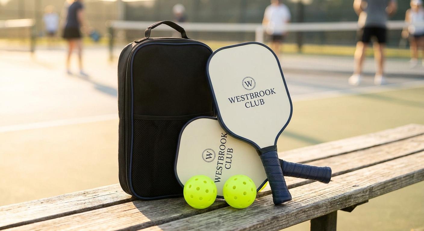 Complete custom fiberglass pickleball set: two paddles, three balls, and a matching branded bag