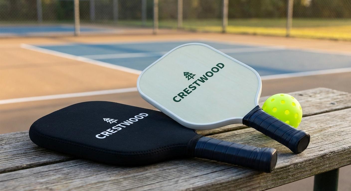 Custom fiberglass pickleball paddle laid beside its matching branded neoprene cover on a court bench