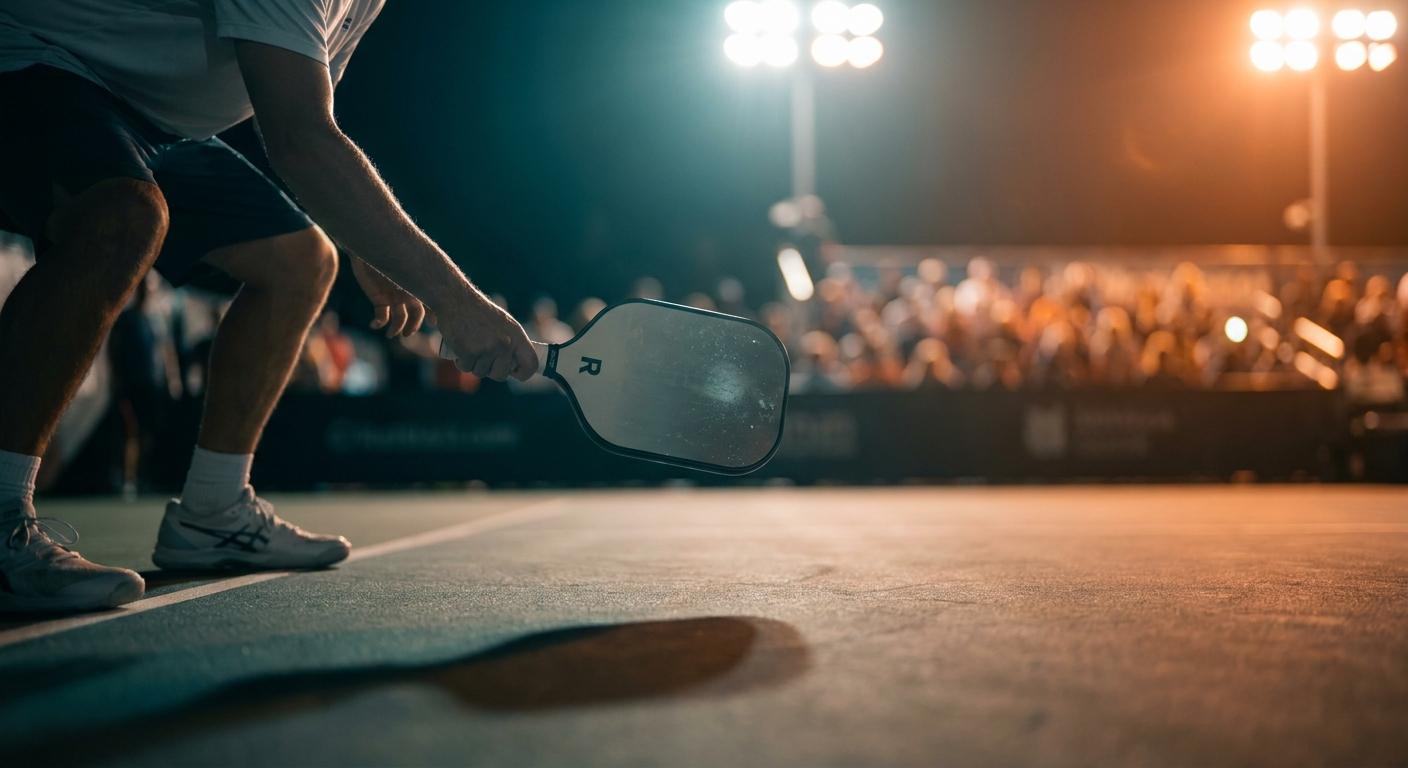 Player at baseline under stadium lights with crowd blur, holding a custom fiberglass pickleball paddle