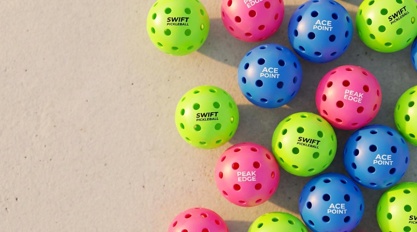 Warm overhead flat-lay of densely-perforated custom-printed outdoor pickleballs