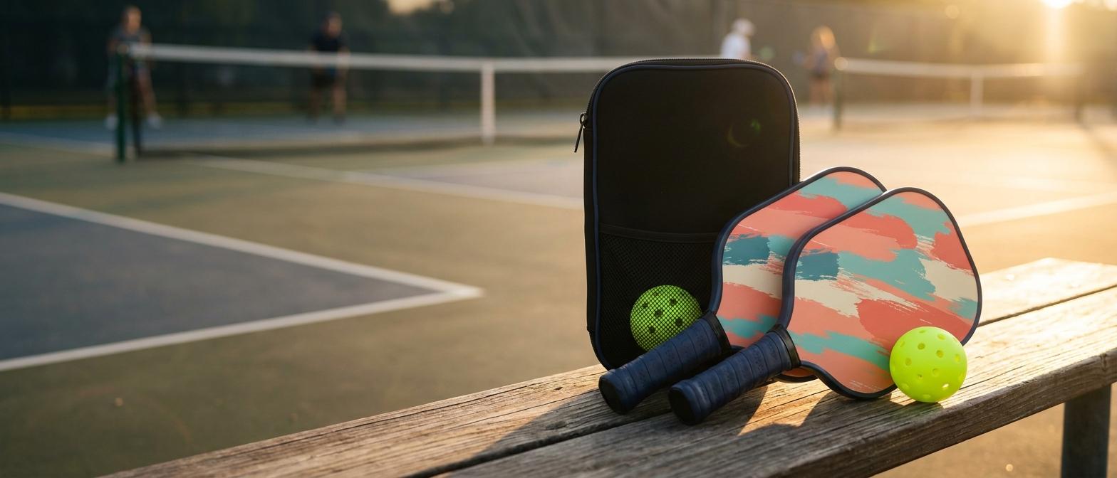Complete custom pickleball set on a court-side bench at golden hour — cinematic hero photo
