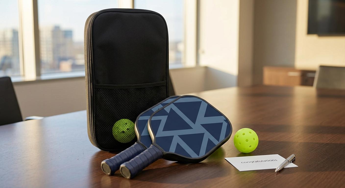 Custom fiberglass pickleball set — two branded paddles, two balls, and a plain black carry case — as a corporate gift