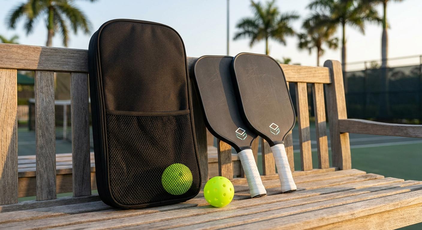 Custom carbon fiber pickleball set — two branded paddles, two balls, and a plain black carry case — on a club bench