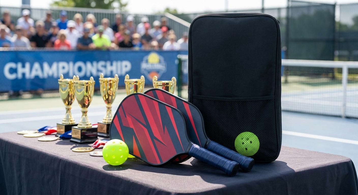 Complete custom pickleball set on a tournament prize table beside trophies
