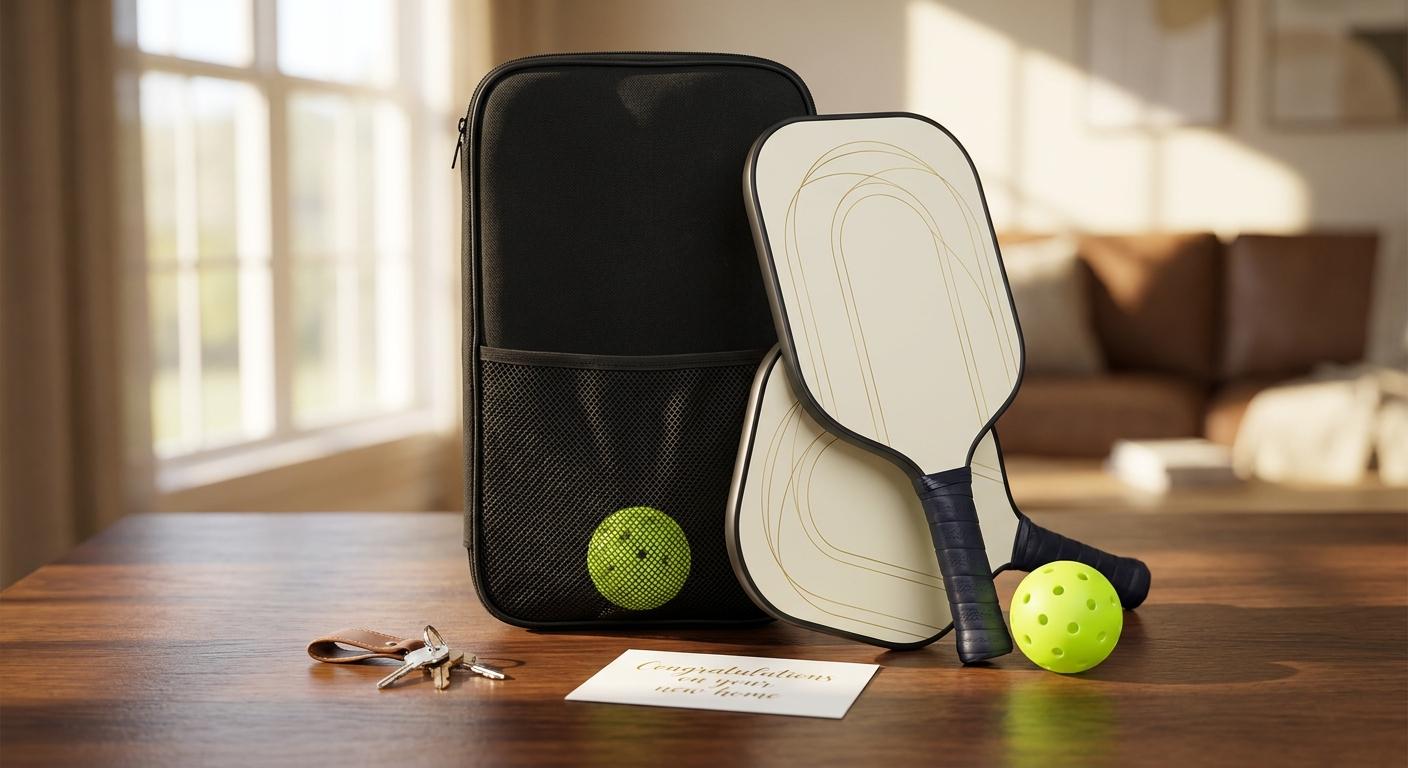 Complete custom pickleball set as a real estate closing gift beside house keys