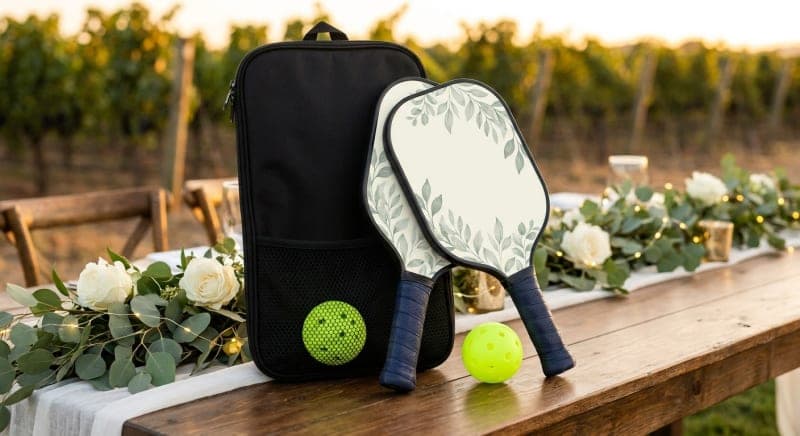 Complete custom pickleball set as a wedding favor on an elegant reception table