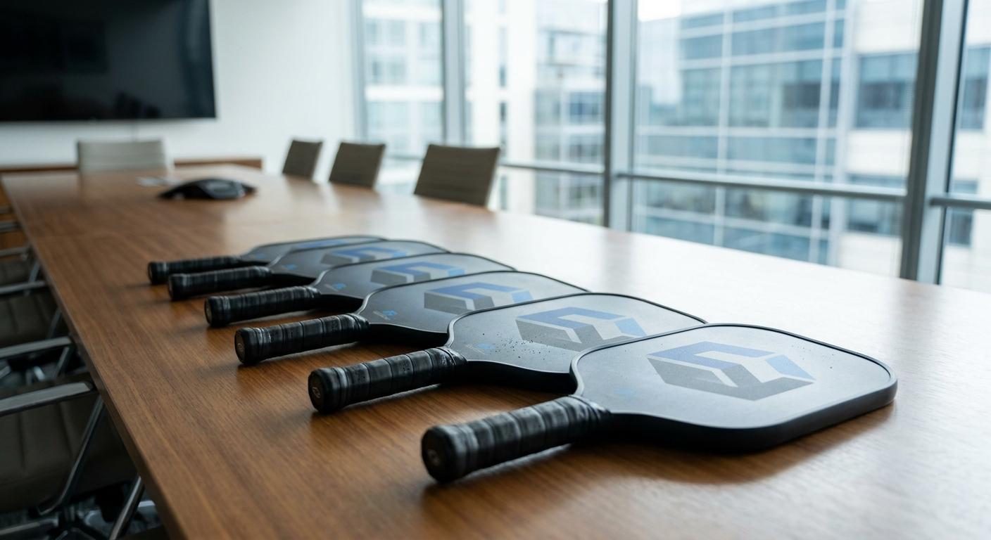 Row of branded pickleball paddles laid out on a conference room table as a corporate gift presentation