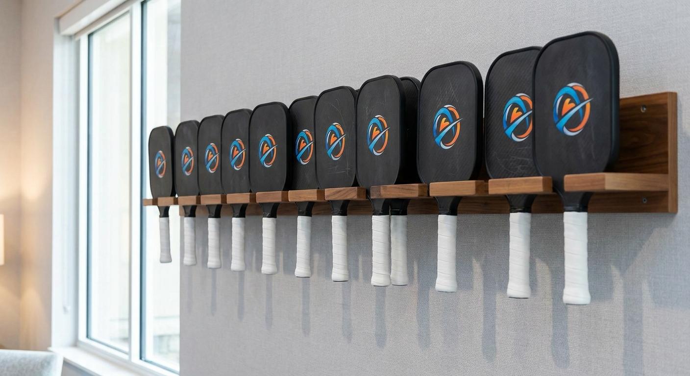 Wall-mounted rack of matching custom carbon fiber pickleball paddles with centered logos at a club