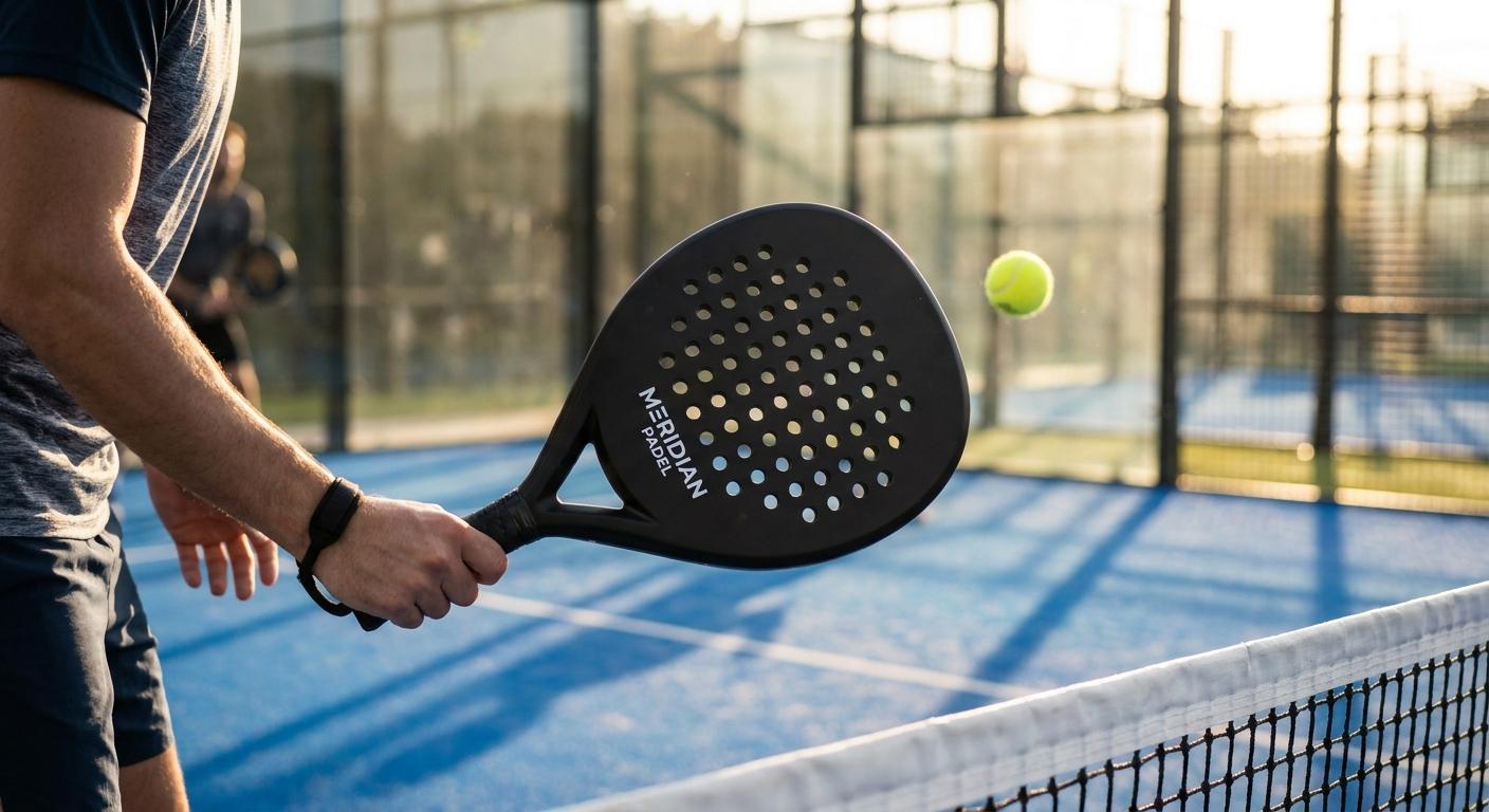 Player holding a custom front-printed padel racket on an enclosed glass-walled padel court