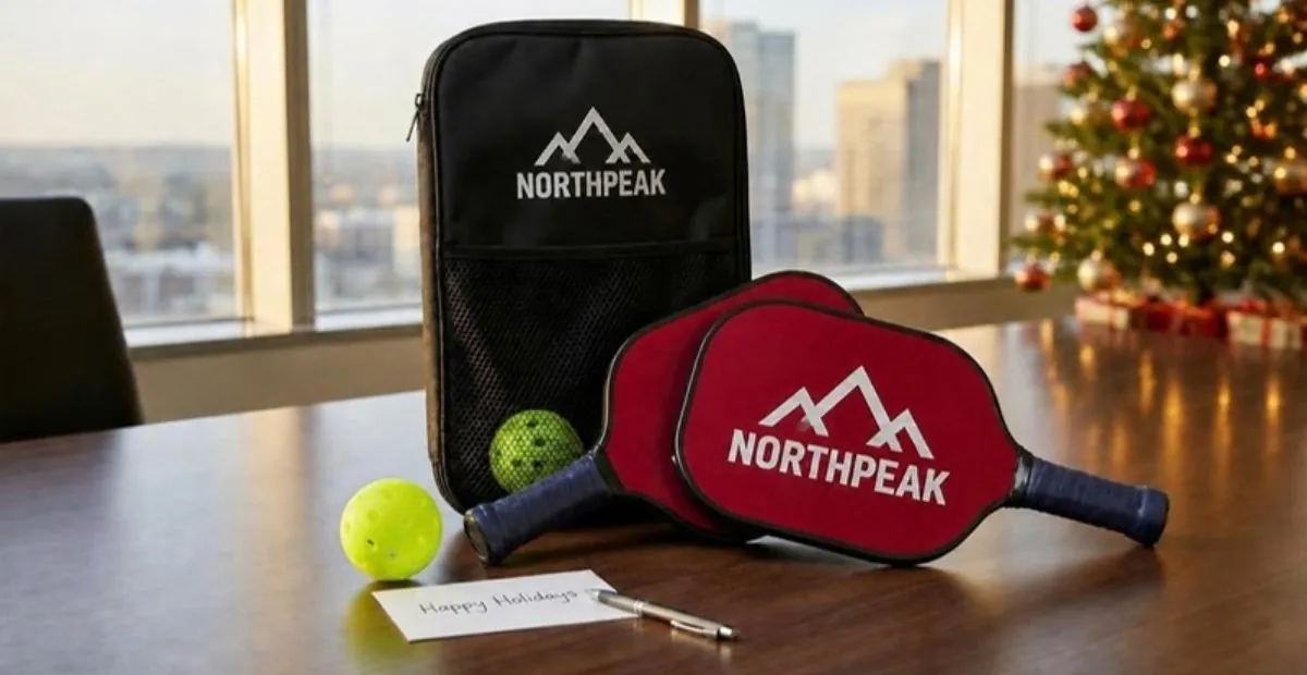 Red custom logo pickleball paddles, balls and a carry bag on a boardroom table next to a Christmas tree